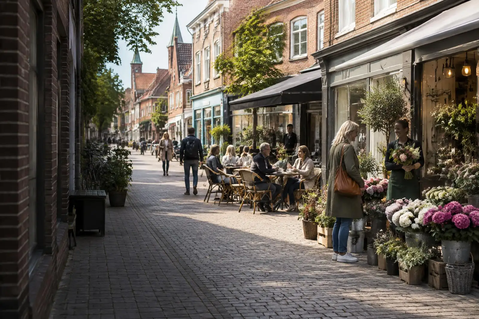 Dansk bygade med brosten, hvor en kunde står foran en blomsterbutik og kigger på buketter, mens gæster sidder ved cafébord længere nede ad gaden