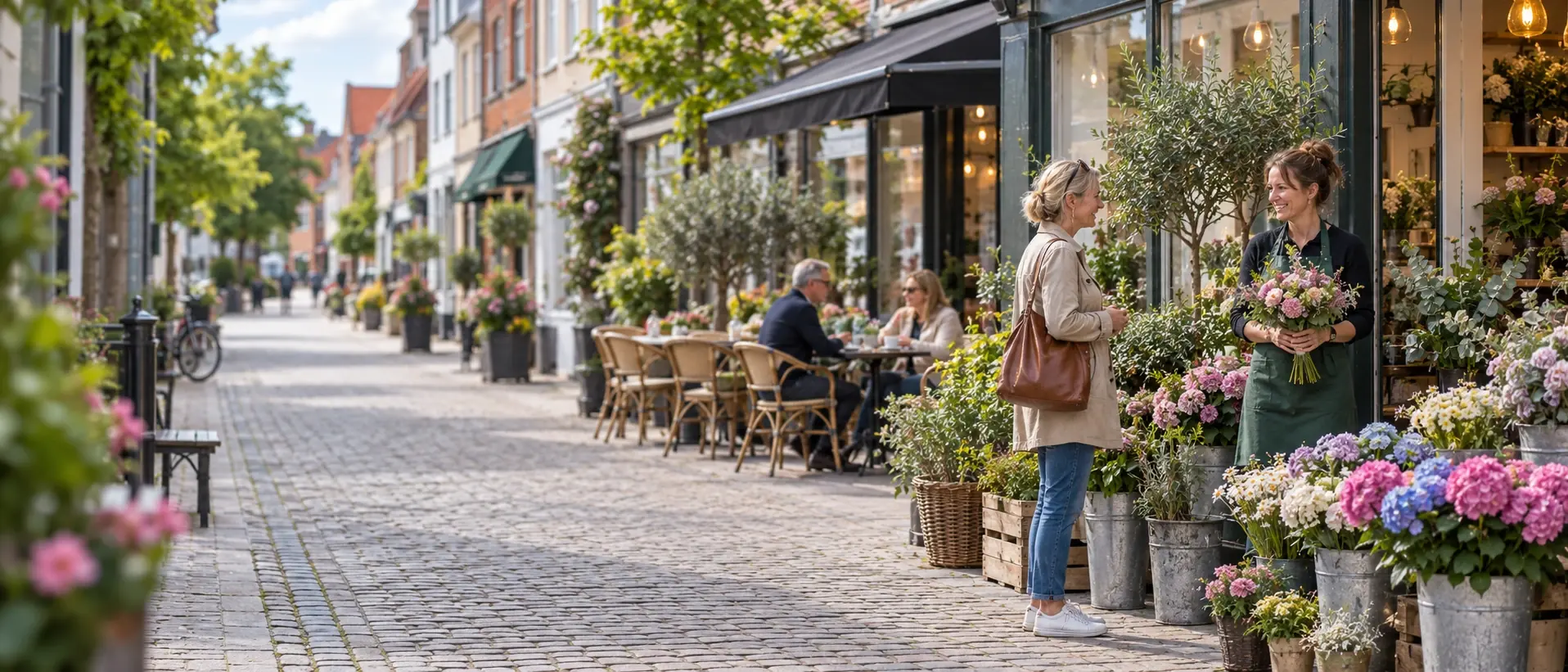 Dansk bygade med brosten, hvor en kunde i trenchcoat står og taler med en smilende blomsterhandler med en buket i hænderne, mens to gæster sidder ved cafébord længere nede ad gaden