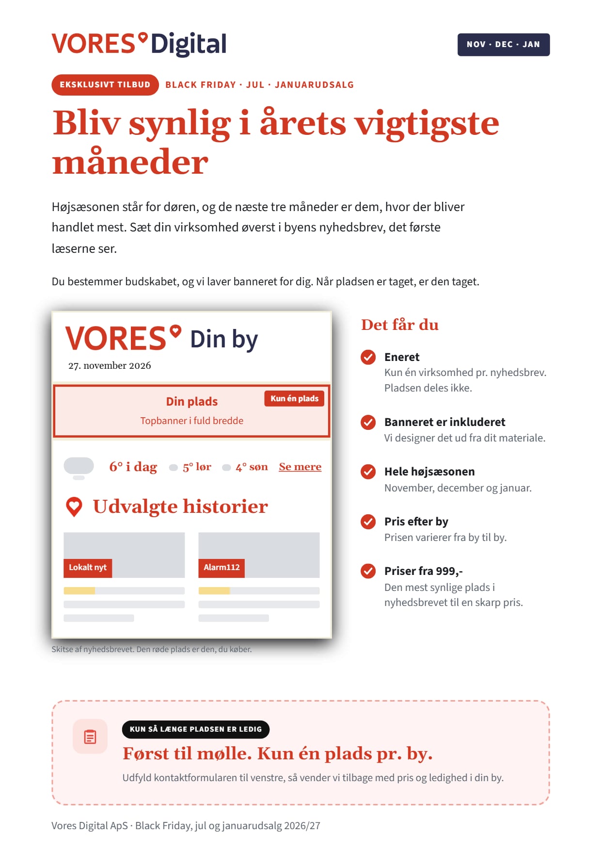 Produktark for Topplacering med overskriften Bliv synlig i årets vigtigste måneder, en skitse af byens nyhedsbrev, hvor den røde topbanner-plads øverst er markeret som den, man køber, en liste over, hvad man får: eneret, banneret inkluderet, hele højsæsonen, pris efter by og priser fra 999 kroner, og en boks om, at der kun er én plads pr. by